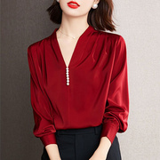 红色衬衫女秋装2023年女时尚，长袖v领职业装雪纺衬衣