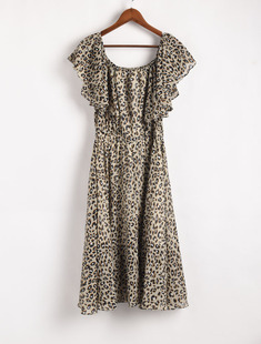 米奈系列149mnt067女夏季时尚，一字肩长收腰豹纹，荷叶领连衣裙