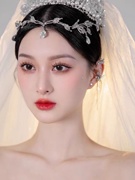 日韩绢纱白色新娘婚纱水晶头饰高级大气结婚头纱额饰套装