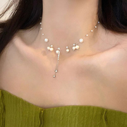夏季珍珠流苏项链女满天星小众设计感锁骨链2024精致颈链