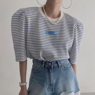 韩国chic夏季气质百搭圆领撞色包边字母贴布泡泡袖条纹T恤上衣女