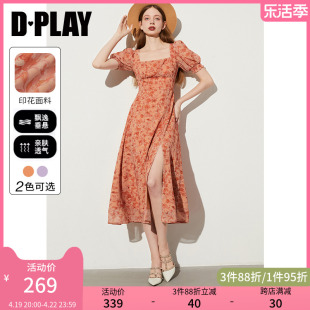 dplay2024年夏装法式短袖橘色，方领高腰气质，短袖连衣裙女裙子长裙