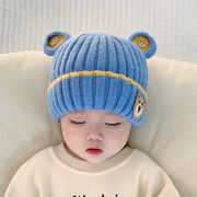 宝宝帽子秋冬季男童毛线帽婴儿冬天可爱小熊标护耳冬款儿童针织帽