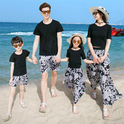 海边沙滩度假时尚碎花夏装亲子装母子洋气母女装男童宝宝短袖套装