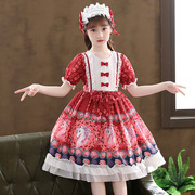 童甜美洋装表演女印花短袖，雪纺蝴蝶结裙子红色，公主裙100%连衣裙