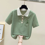 polo领条纹t恤女夏季2023小众设计直筒百搭刺绣正肩短袖上衣