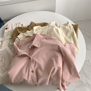 温柔风灯芯绒长袖衬衫女韩版秋季宽松粉红色上衣衬衣POLO领外套女