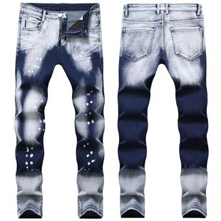 欧美男式牛仔裤潮弹力小脚裤长亚马逊裤潮Men's Jeans。