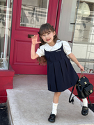 儿童泡泡袖学院风连衣裙，2024夏季女童，韩版洋气假两件娃娃领裙子