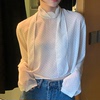 韩国chic春季法式温柔立领飘带撞色波点设计宽松百搭长袖衬衫上衣