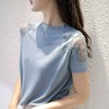 欧货气质冰丝针织短袖T恤女夏季蓝色小立领刺绣镂空蕾丝宽松上衣