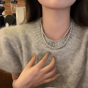 法式复古灰珍珠项链女2023高级感气质，百搭毛衣链轻奢小众颈链
