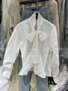 Miss家 2024韩系温柔风系带白色打底衬衣设计感长袖宽松上衣女