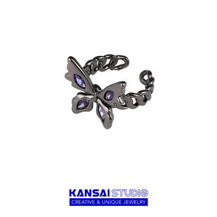 KANSAI紫钻黑色蝴蝶戒指黑暗系轻奢小众精致指环设计感手饰品