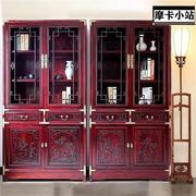 新中式实木书柜客厅书橱玻璃双开门书架榆木雕花仿古展示柜