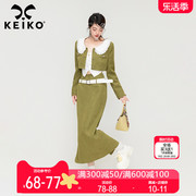 keiko法式复古橄榄绿两件套装，春季蕾丝娃娃，领短外套+包臀半身裙子