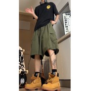 军绿色工装短裤男夏季日系cityboy裤子宽松阔腿美式过膝六七分裤
