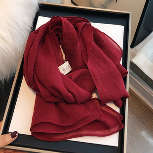 百搭酒红色棉麻围巾女冬季2024装饰丝巾，小长条纯色保暖小领巾