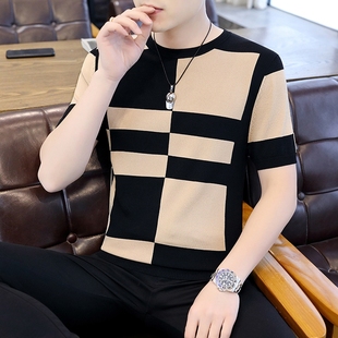 男士短袖t桖潮牌韩版高端格子，半袖上衣服，t百搭拼色针织体恤衫薄款