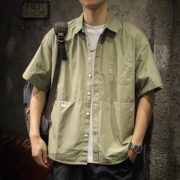 日系复古潮牌工装短袖衬衫男夏季灰绿色美式宽松多口袋休闲衬衣服