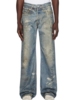 AC风格周年限量联名ssense复古做旧直筒微喇3D打印数码浅蓝牛仔裤