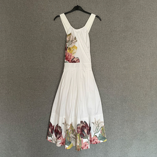 欧美时尚夏季郁金香，印花圆领白色露肩背中长款棉质气质连衣裙