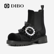 DIBO碲铂法式平跟时尚短靴女2023秋季真皮优雅珍珠时装靴