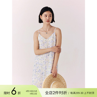 HeyDress醋酸系列法式碎花吊带连衣裙女夏季V领蓝色印花裙子