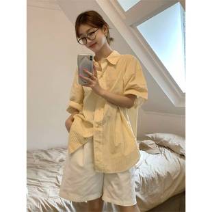 日系黄色Polo领竖条纹衬衫女夏季短袖衬衣外套薄款中长款外搭上衣