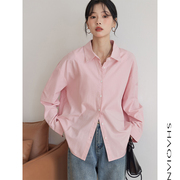 纯棉粉色衬衫女长袖，2024年春季韩版宽松简约纯色内搭打底衬衣