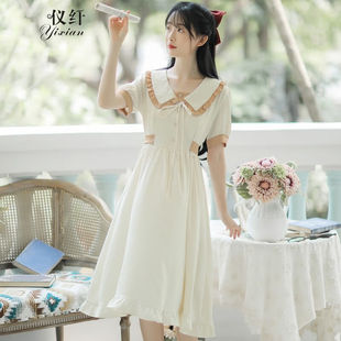 仪纤（yixian）法式复古娃娃领短袖雪纺连衣裙小个子夏季系带