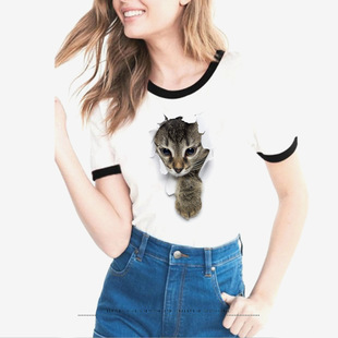3d立体逼真萌猫咪图案莫代尔，t恤女短袖，可爱动物印花情侣亲子装t恤
