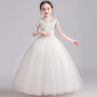 女大童花童公主裙高端礼服2022白色生日唱歌表演服中大童钢琴