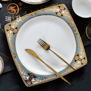 浮雕餐具盘子家用骨瓷10英寸大方盘欧式餐盘，轻奢金边西餐盘牛排盘