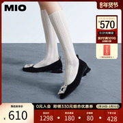 MIO米奥2023秋季女鞋中跟一脚蹬单鞋通勤工作鞋方钻小皮鞋