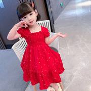女童夏季大红色连衣裙儿童中长款裙子，1岁女宝宝，洋气雪纺纱公主裙2