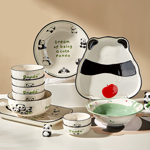 可爱熊猫餐具陶瓷米，饭碗家用碗碟套装2023一人食小碗盘子碗筷