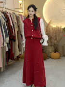 2024春装气质名媛高端小洋装红色新年小香风两件套拼接套装裙