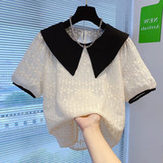 刺绣娃娃领短袖雪纺衬衫，女2023年夏季韩版宽松显瘦高级感上衣