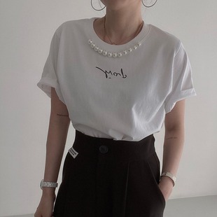 韩国chic夏季简约珍珠点缀圆领，字母印花短袖t恤女宽松打底衫上衣