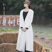 中国风复古亚麻风衣女中长款白色，暗扣修身外套，v领佛系开衫壹旧
