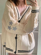 秋冬纯色长袖开衫女气质通勤欧美蝙蝠翼针织米白色单排扣毛衣外套