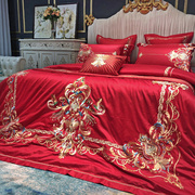 欧式婚庆100贡缎全棉床上用品大红色刺绣结婚床盖四件六件十件套2