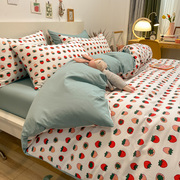 田园小草莓米白色纯棉，被套床单三件套2*2.3米1.5米床四件套全棉