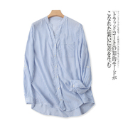 条纹衬衫夏季外贸女装时尚，减龄v领单排扣长袖薄款衬衫24601