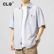 香港潮牌夏季蓝色条纹短袖衬衫，男士宽松百搭纯棉休闲半袖衬衣
