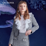 VJC OLIVIA2023秋冬法式荷叶领外套撞色短款修身长袖女装