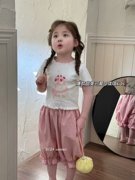 2024夏季韩版女童白色纯棉卡通短袖t恤粉色花苞中裤儿童可爱套装