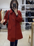 红色双面呢零羊绒，大衣女中长款2022冬韩版宽松休闲双排扣外套