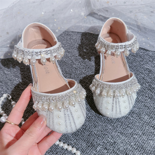 女童公主鞋2024春夏儿童，水晶鞋珍珠吊坠平跟软底水钻单鞋演出
